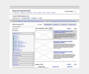 Wireframe for a proposed improvement to the 'Renault UK Press Office' website.
