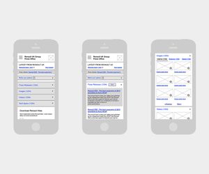 Wireframe in a mobile view for a proposed improvement to the 'Renault UK Press Office' website.