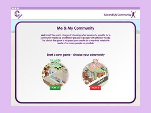 Start screen from the 'Me And My Community' Flash desktop game.